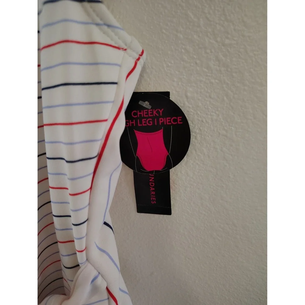 No Boundaries Womens Striped Wrap One Piece Swimsuit White Red Blue Small NWT